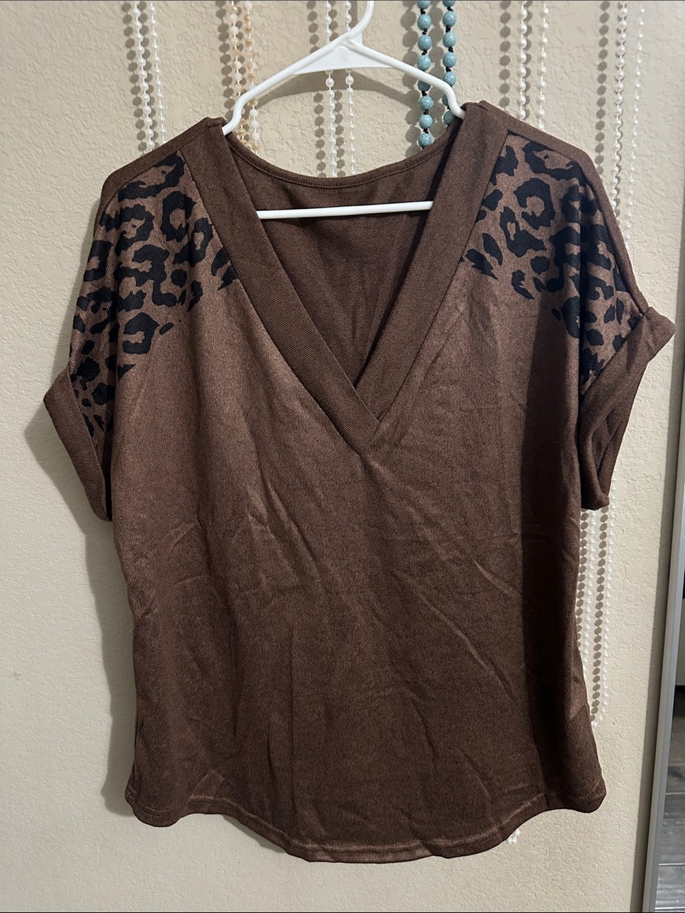 Brown V-Neck Short Sleeve Top with Leopard Shoulder Detail